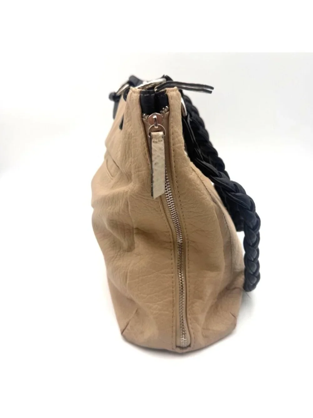 Rosetti Beige Black Braided Handle Satchel Shoulder Bag Faux Leather Purse